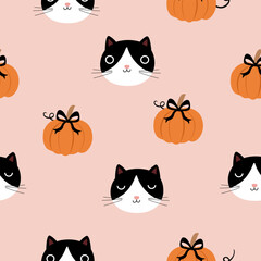 seamless  black white cat head  pattern with pumpkin and bow , vector , illustration