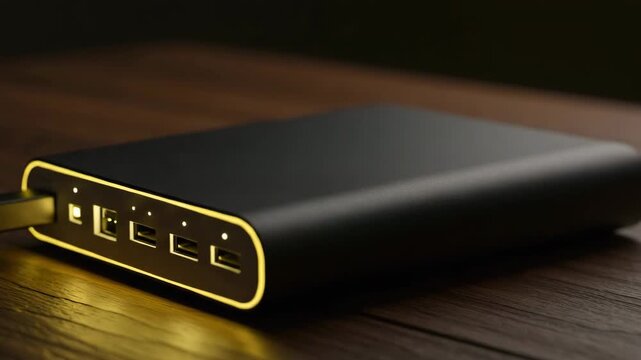Power bank blinking lights closeup on wooden surface, portable charger detail, USB ports visible, battery level indicator, gadget charging accessory, tech product shot, modern electronics branding