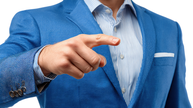 Pointing the Way: A confident man in a sharp blue suit extends a hand, index finger pointing forward, embodying focus and direction.