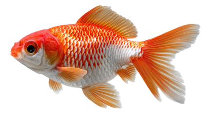 Goldfish's Aquatic Elegance: A close-up view of a vibrant goldfish, its scales shimmering with hues of orange and white, gracefully gliding through an unseen aquatic environment.