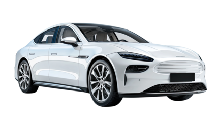 Sleek Electric Car: The epitome of automotive innovation, a pristine white electric car showcases a modern design with cutting-edge technology. Embodying the future of sustainable transport.