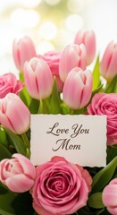 Close-up bouquet of pink tulips and roses with handwritten “Love You Mom” greeting card