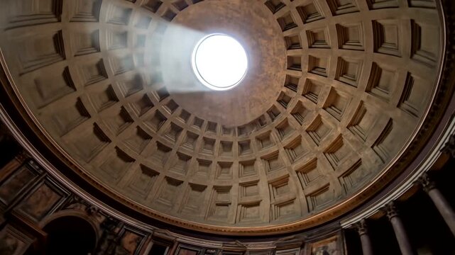 Sunlight streams through a circular opening onto a coffered dome ceiling.