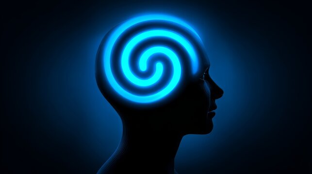 An image featuring a head amidst swirling waves or effects conveys the notion of repetitive thoughts and the inability to escape a mental loop