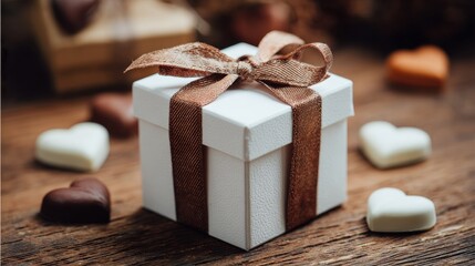 A thoughtful gift of chocolate hearts sits on a distressed wood table