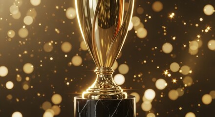 Close-up of shiny golden award trophy on black marble pedestal with sparkling golden lights blurred background, symbolizing achievement and prestige

