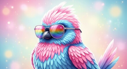 Playful cartoon bird with fluffy pink and blue feathers wearing oversized rainbow sunglasses on pastel bokeh background

