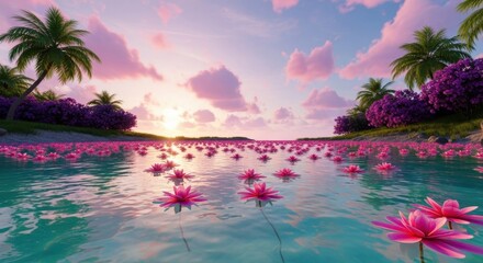 Serene tropical lagoon with crystal-clear aqua water, floating pink flowers, lush palm greenery, and a vibrant sunset sky in soft pink and purple hues


