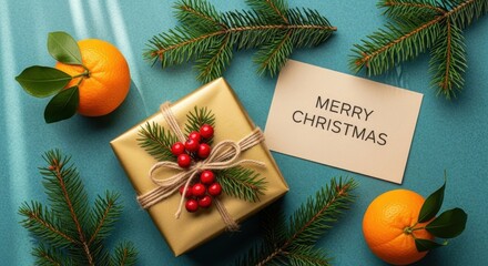 Festive flat lay with a wrapped gold gift, red berries, beige 'Merry Christmas' card, orange tangerine, and evergreen sprigs on textured teal background
