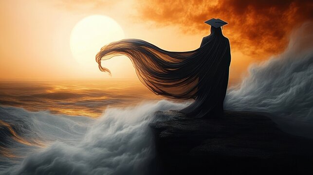 Mysterious figure in flowing dark cloak stands on rocky cliff overlooking turbulent ocean waves at sunset with dramatic orange sky - Powered by Adobe