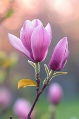 Close-up of vibrant pink magnolia flowers blooming on a slender branch with soft sunlight and blurred background creating a peaceful atmosphere