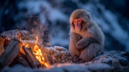 Fototapeta premium Snow monkey sits by a warm campfire on a cold snowy night.