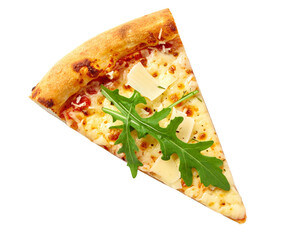 A top-down view of a white pizza slice garnished with arugula leaves and thin parmesa