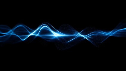 Vibrant electric blue energy waves pulse and flow across a dark background creating a dynamic visual representation of sound or data transfer