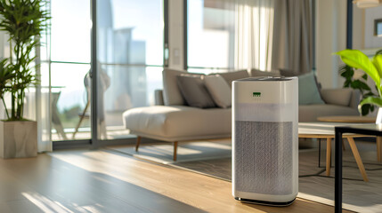 Minimalist living room with air purifier, concept of clean air at home