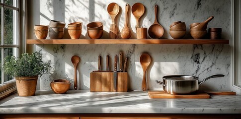 Sunlit modern kitchen countertop with wooden kitchenware hanging on wall and a potted plant near window casting shadows
