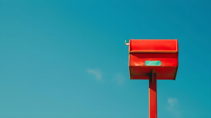 Vintage red mailbox on blue sky background - minimalist concept of connection and communication. Copy space