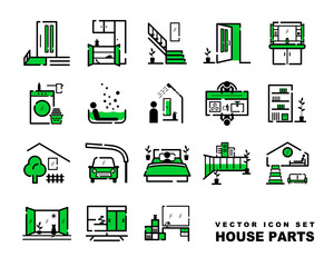 住まいのパーツ(インテリアやエクステリア)のベクターアイコンセット