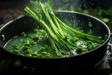Fresh spring onions and green beans are being blanched in boiling water by a chef in a professional kitchen
