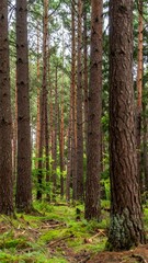 Dense woodland filled with tall tree trunks creating natural forest pattern