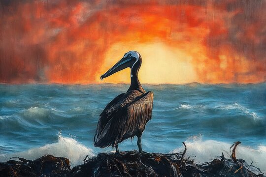 Silhouette of a pelican standing on rocky shore with crashing waves and bright orange sunset sky in the background - Powered by Adobe