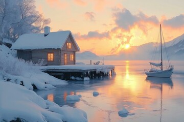 Snow-covered wooden cabin by a frozen lake with glowing windows at sunset, a sailboat anchored nearby, and peaceful winter landscape with icy dock and mountains