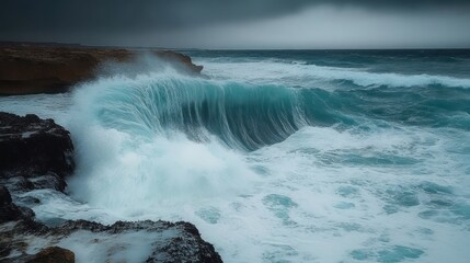 Powerful ocean wave crashing against rugged dark rocky shore under overcast sky in turbulent weather