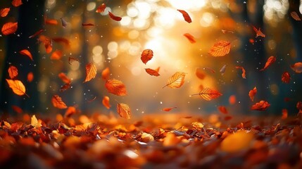 Warm golden sunlight filters through a forest as vibrant orange autumn leaves gently fall and scatter across the soft forest floor, creating a serene and magical atmosphere