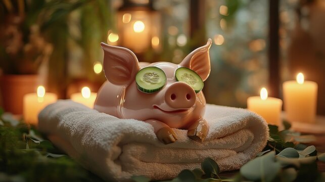 Pig-shaped ceramic figure reclines on folded white towels with cucumber slices over eyes in a serene spa-like setting with glowing candles and green foliage