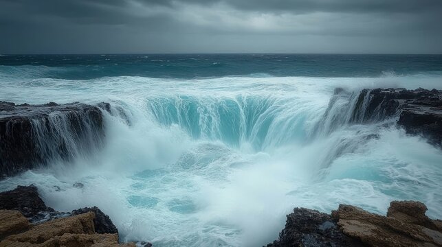 Powerful ocean waves crashing into a rocky shore creating turbulent white foam under an overcast sky