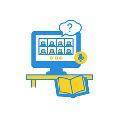 Online learning, video conferencing, and digital education concept with a book on a desk