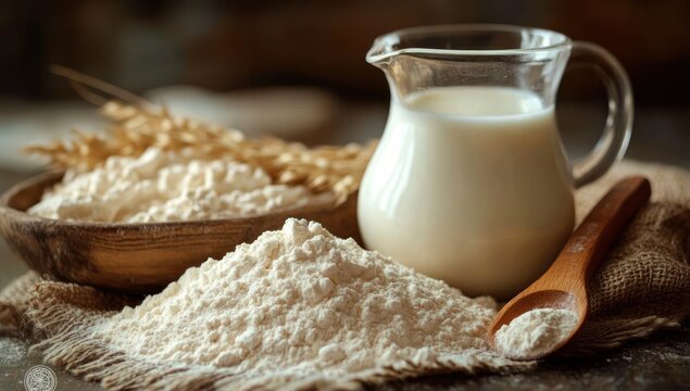 A rustic arrangement of white flour in a wooden bowl and a pile on a burlap cloth beside a glass jug of milk and a wooden spoon filled with flour, creating a warm and cozy atmosphere - Powered by Adobe
