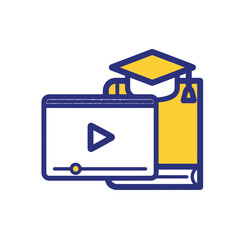 Digital education symbol for blended online learning, featuring a video player for a university green screen tutorial