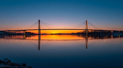 Obraz premium Cable stayed bridge spans calm water at sunset with reflections.