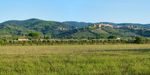Fototapeta premium Panorama of Castagneto Carducci, a picturesque village in Tuscany with narrow streets, squares, and panoramic views of the countryside and the Tyrrhenian Sea.