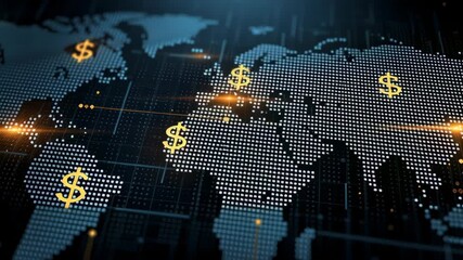 A digital world map with dollar signs, representing global finance and economics. - Powered by Adobe