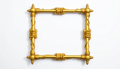 Ornate golden picture frame with twisted columns and knot-like decorative elements in classical baroque style on white background for editorial art photography antique decor and poetic elegance-themed