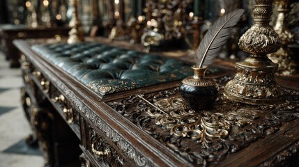 Ornate antique writing desk with quill pen, inkwell, and tufted leather, set in a luxurious historical interior