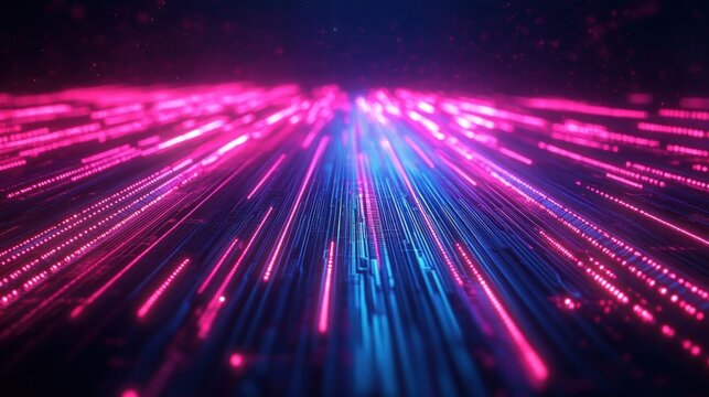 Futuristic digital circuit board with glowing neon pink and blue light trails creating a dynamic technology atmosphere