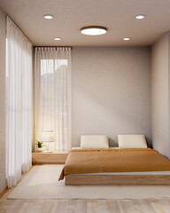 Cosy bedroom with pot plant on side table near window curtains on carpet over wooden parquet floor