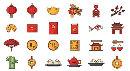 Chinese New Year Celebration Icons Set.