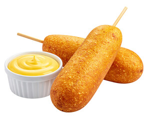 Two golden-brown crispy corn dogs on wooden sticks placed beside a small dipping bowl 