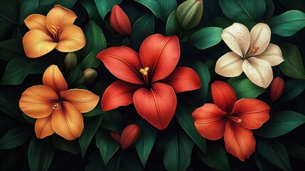 Close-up of vibrant orange, red, and white lilies surrounded by lush dark green leaves creating a rich, natural floral composition