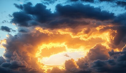 dramatic sky with dark clouds surrounding a fiery orange and yellow glowing sunset with patches of clear blue sky