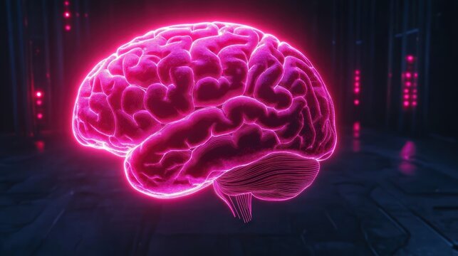 Glowing neon pink digital illustration of a human brain on a dark futuristic background with subtle pink lights