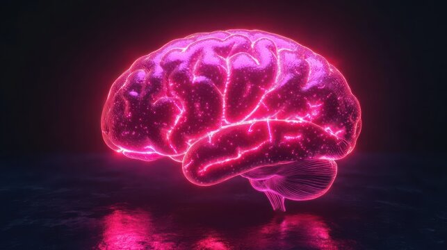 Glowing neon pink human brain with illuminated neural pathways floating over reflective dark surface conveying futuristic and scientific atmosphere