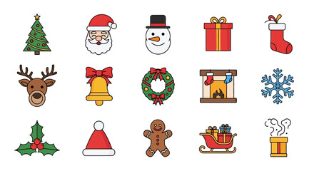 Christmas Holiday Icons Set Festive Season Decorations and Characters.