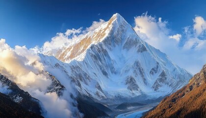 Majestic snow-covered mountain peak glowing under sunlight with surrounding rugged slopes and misty clouds against a clear blue sky