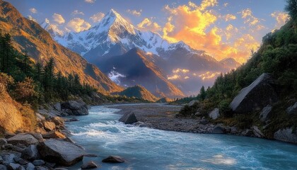 Majestic snow-capped mountain towering over a flowing blue river surrounded by rocky banks and lush green trees under a vibrant sunset sky with golden clouds
