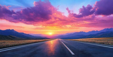 Endless empty road leading through open fields towards distant mountains under a dramatic colorful sunset sky with vibrant clouds
